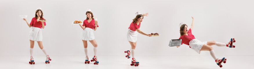 Collage with emotional excited young girl, stylish retro waitress in american fashion style uniform rollerblade over light background. Banner - obrazy, fototapety, plakaty