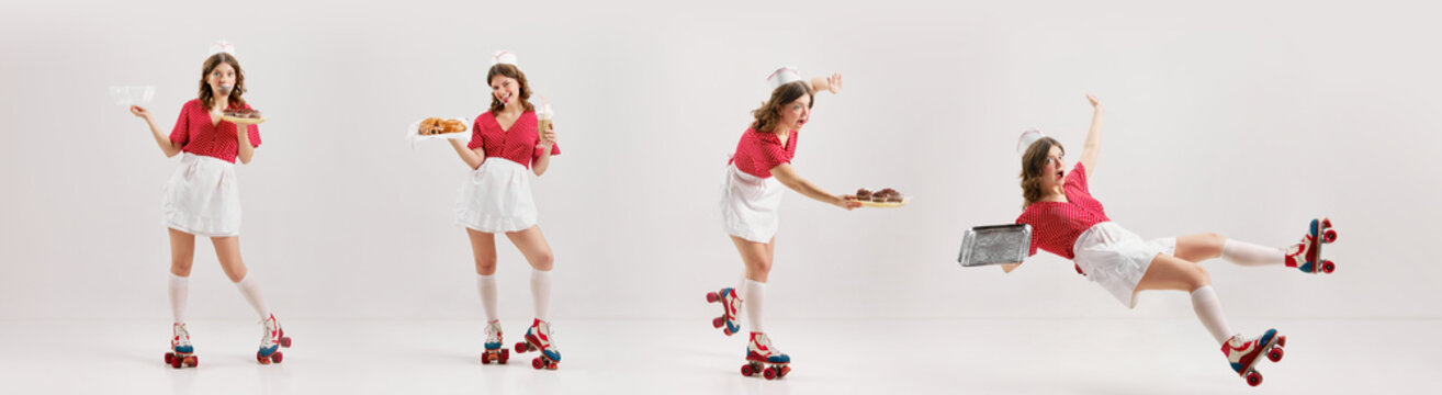 Collage with emotional excited young girl, stylish retro waitress in american fashion style uniform rollerblade over light background. Banner