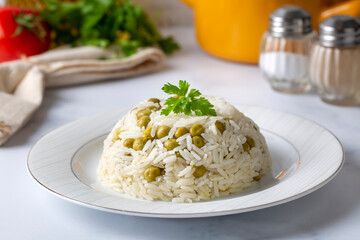 Traditional delicious Turkish foods; pea rice (Turkish name; Bezelyeli pilav)