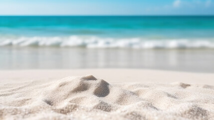 Fototapeta na wymiar White sandy beach on background of torqouise ocean and blue sky. Based on Generative AI