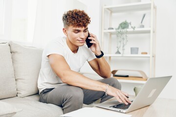 man interior couch laptop mockup modern smile online cell communication