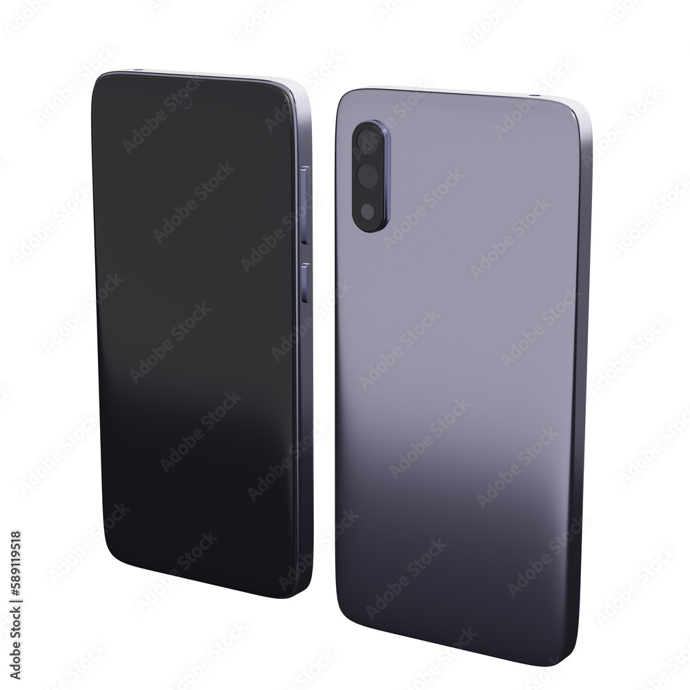 Wall mural metal mobile phone front and back perspective view isolated on white background. 3d rendering