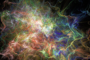 Multicolored pattern of crooked waves on a black background. Abstract fractal 3D rendering