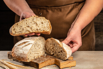 Fresh homemade crisp bread on a wooden board. kitchen or bakery. banner, menu, recipe place for...