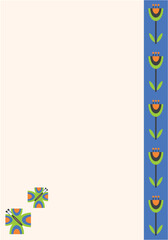 The concept of a decorative background in a minimalist style for a menu background, price list. Geometric vertical ornament with stylized butterflies and bells. Illustration in flat graphic style.