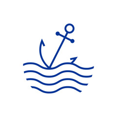 Logo Nautical. Ancla de barco lineal con olas de mar © teracreonte