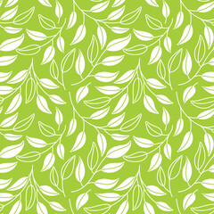 Fototapeta na wymiar Tree branches with leaves on green background. Summer print. Seamless pattern. Vector.