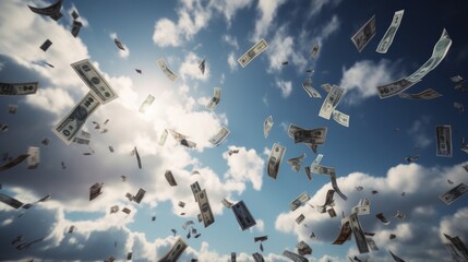 Falling money from the sky on a man. AI generative.