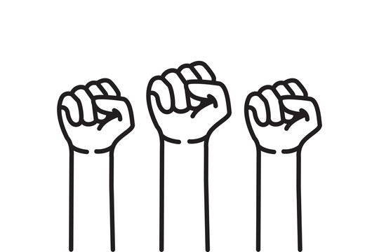 Human hands clenched into fists symbolizing unity of strength or solidarity designed with outline, filled with white and black colors on white background. Freedom or independence symbol concept