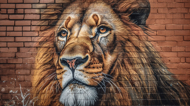 portrait of a lion head on a brick wall,graffit