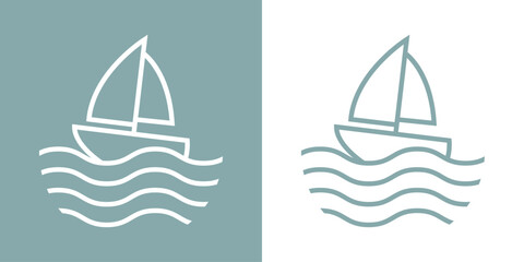 Logo Nautical. Barco de vela lineal con olas de mar © teracreonte