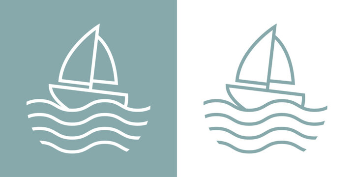 Logo Nautical. Barco de vela lineal con olas de mar