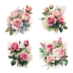 Dusty pink blush, white and creamy rose flowers vector design wedding bouquets. Eucalyptus, greenery. Floral pastel watercolor style. Blooming spring floral card. Elements are isolated and editable