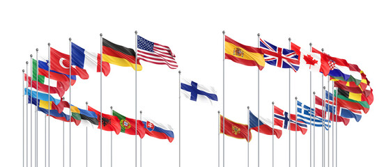 Flags of NATO - North Atlantic Treaty Organization and Finland.  - 3D illustration.  Isolated on white background.