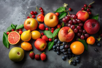 Naklejka na ściany i meble Fruits On a Grey Chalk Background, Food Photography, Vegan, Eco, Generative AI