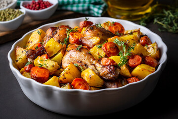 Baked chicken thighs and fried potatoes look delicious.