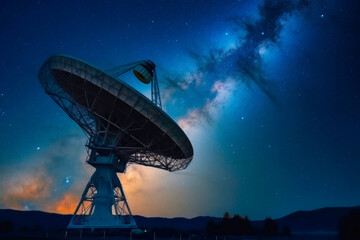 Screening signals from space with huge satellite dishes. The search for alien life concept. Created with Generative AI technology.