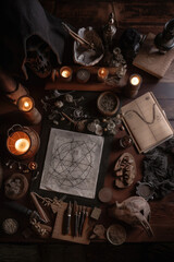 Wizard table with witchcraft accessories. Vertical format. Created with Generative AI technology.