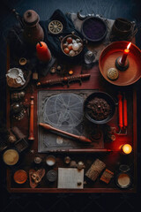 Wizard table with witchcraft accessories. Vertical format. Created with Generative AI technology.