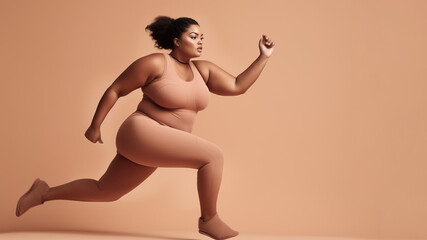 Fototapeta na wymiar A fictional person. Confident plus-size fitness model showcasing strength and grace