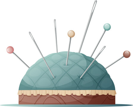 Soft pincushion for storing pins and needles on an isolated background. Pin cushion. Sewing tool. Vector illustration.