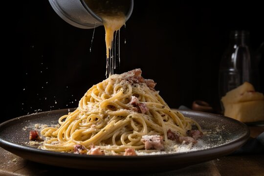 Spaghetti carbonara, coated in a creamy sauce, Pecorino Romano cheese, guanciale and black pepper - food products created with generative AI technology