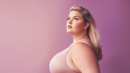 A fictional person.  Confident Plus-Size Fitness Model Posed Against Soft Pastel Background
