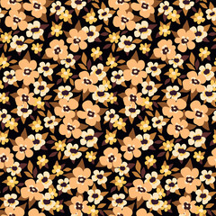 Seamless floral pattern, liberty ditsy print with small autumn botany. Pretty botanical fabric design, hand drawn plants in brown colors: tiny flowers, leaves on a dark background. Vector illustration
