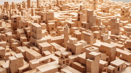 Megapolis built from square wooden cubes. AI generative.
