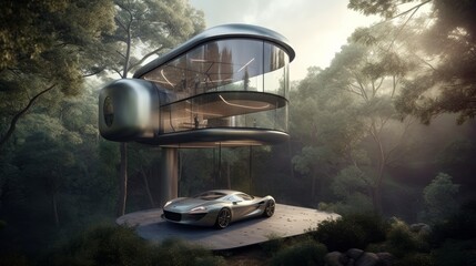 Genetically Engineered Tree Hosts High-Tech Glass Treehouse with Vertical Lift & Eco-Friendly Supercar: A Fusion of Nature, Transportation & Light, Generative AI