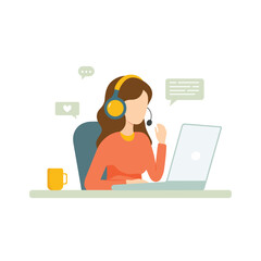 Customer support operator young woman with headset sitting at the desk in front of laptop talking messaging with client. Online global technical support technology business concept