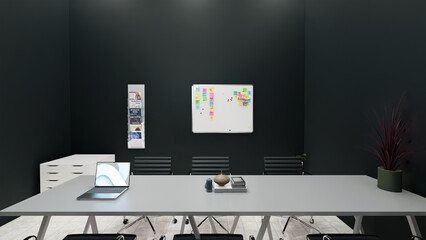 3d render of office interior design on the table laptop and tables and chairs with black walls on the wall billboard and magazine shelve.