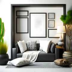mock up poster frame in japanese, living room, Art Deco style, 3D render, 3D illustration	