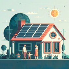 Happy family near their house with solar panel. Alternative energy, saving resources and sustainable lifestyle concept cells sun home exterior storey cartoon drawn Generative AI 
