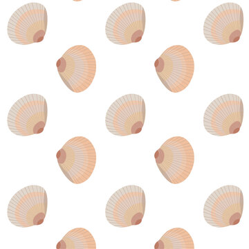 Seamless pattern, ornament, beige and brown scallop shells, mussels, on a white background. For printing on wallpaper, fabric, clothes, tableware and notepads. Vector image, illustration, graphic