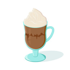 Cup of coffee with cream. Glass cap of coffee isolated on white. Vector illustration.
