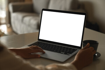 people using laptop computer white screen display - 589124590