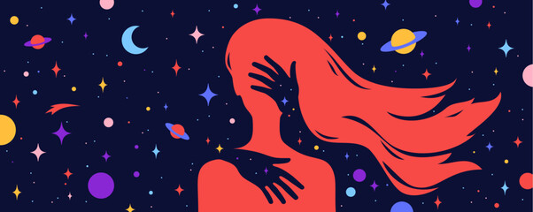 Modern flat character. Hands hug silhouette of woman with dream universe, cosmos, stars background. Simple character of young girl, energy spirit connection universe starry night. Vector illustration