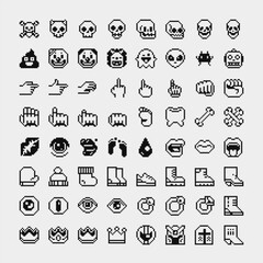 1-bit smileys pixel art big set, characters emoji, various emotions. Vector graphic illustrations isolated on black background. Design for logo, sticker and mobile app.