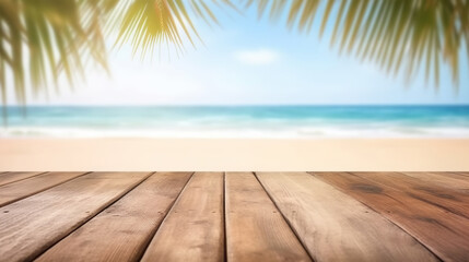 Wooden planks on background of white sand ocean beach and sunny sky. Based on Generative AI