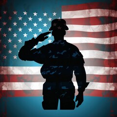 Composition of silhouette of saluting soldier against sunset sky with billowing american flag. AI generated
