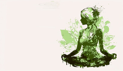 21 June- international yoga day, green woman in lotus yoga pose with copy space for text, Generative ai
