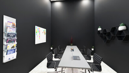 3d render of office interior design on the table laptop and tables and chairs with black walls on the wall billboard and magazine shelve.