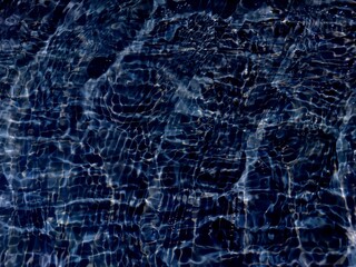 Defocus blurred transparent blue colored clear calm water surface texture with splashes and bubbles. Trendy abstract nature background. Water waves in sunlight with copy space. Blue water shine