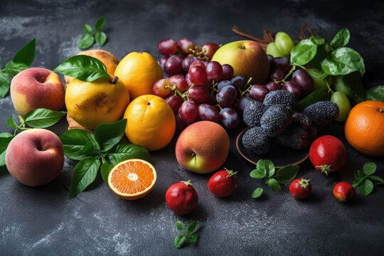 Fruits On a Grey Chalk Background, Food Photography, Vegan, Eco, Generative AI