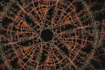 Orange pattern of crooked waves on a black background. Abstract fractal 3D rendering