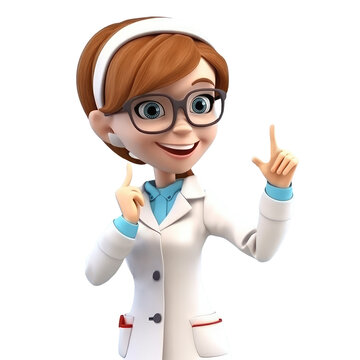Young smiling woman doctor pointing finger, medical specialist Medicine concept. Cute 3d icon people character illustration. Cartoon minimal style on isolated transparent background png. Generative ai