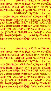 Vertical video. Data error. Digital glitch. Computer virus. Red encryption code text colorful pixel noise distortion artifacts on yellow abstract background.