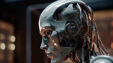 Fototapeta premium Human robot on dark background, created with Generative AI Technology