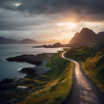 Beautiful, serene, breathtaking landscape of a sea and road during a cloudy sunrise